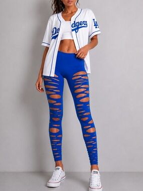 Royal Blue Hand cut-out Zig Zag leggings, Baseball outfit, Los Angeles Outfit